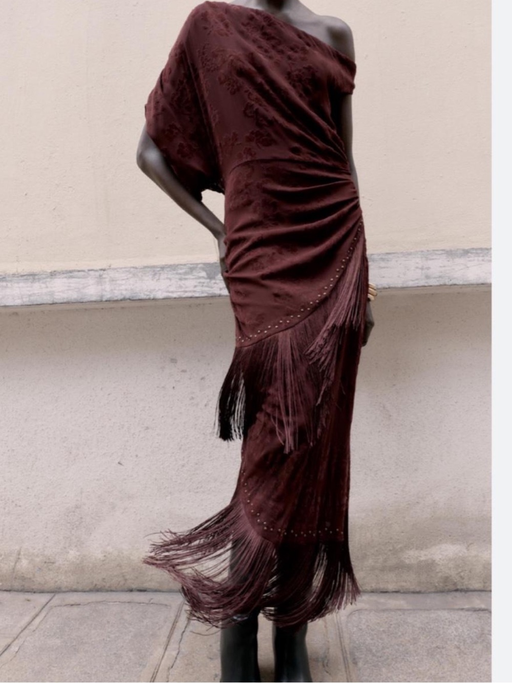 Zara One-Shoulder Fringe Maxi Dress in Burgundy